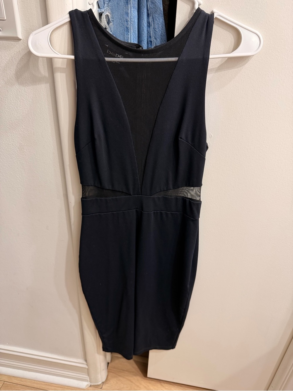 bebe Black Sleeveless V-Neck Mesh Waist Dress